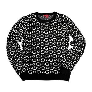 GUESS Los Angeles Logo Sweater Women's XL Black White Monogram Crewneck Y2K